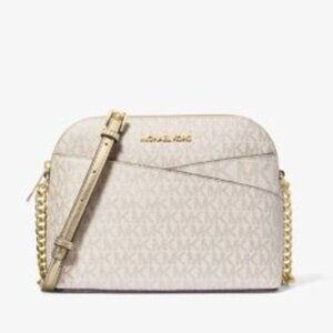 NEW Michael Kors Jet Set Travel Med Metallic Signature Logo Dome Crossbo…